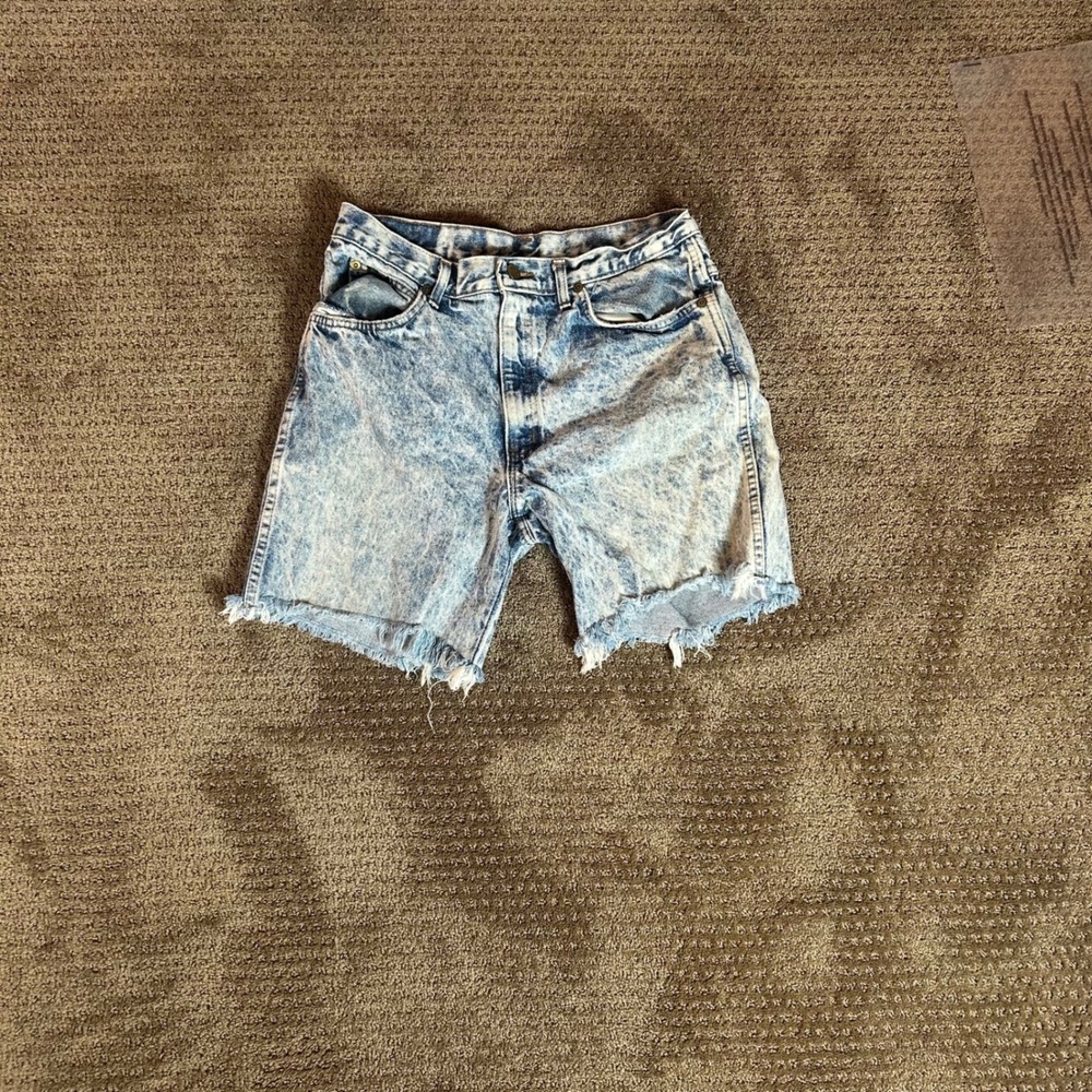 h.i.s Denim Shorts Mens 31 Blue Good Vintage Acid Wash Raw Hem Made in‎ USA